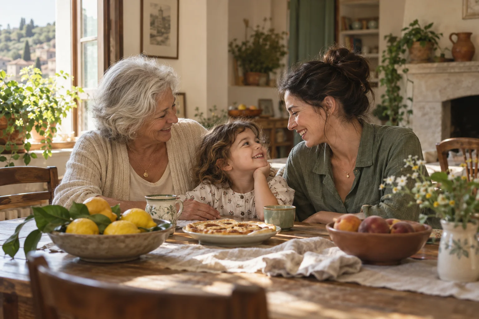 Tre generazioni condividono un sorriso intorno al tavolo di casa
